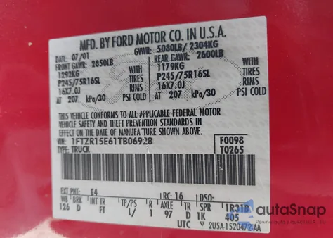 2001 Ford Ranger Edge/Xlt z USA, uszkodzony, nr VIN 1FTZR15E61TB06928